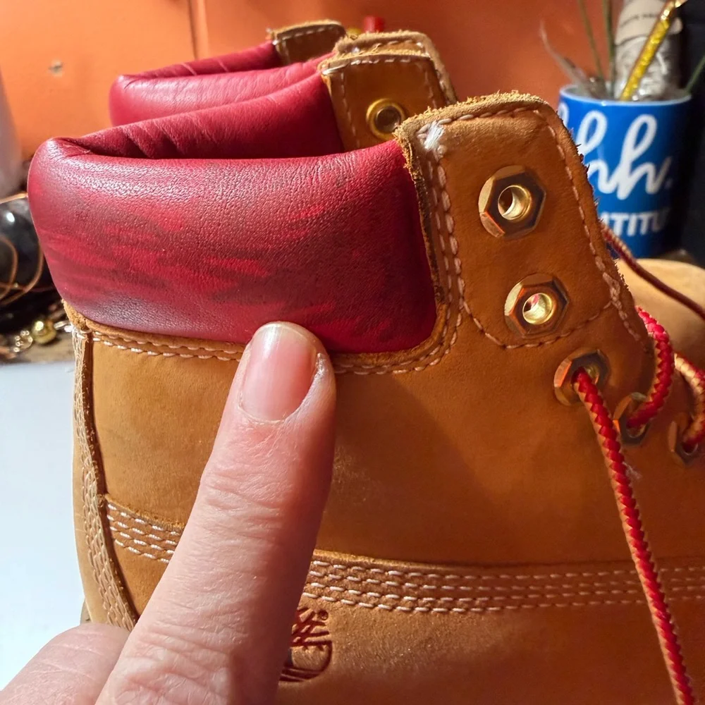 Boys tan and red timberland boots. Size 2.